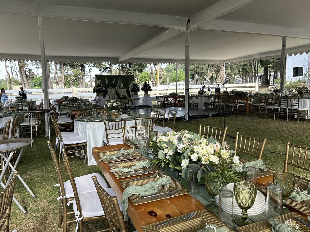 Mesas decoradas con centros de flores blancas bajo una carpa